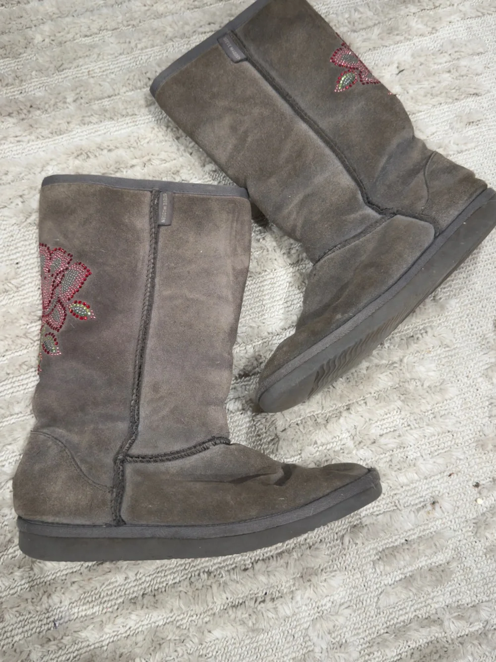 Steve Madden Gray Suede Winter Boots with Red Crystal Accent